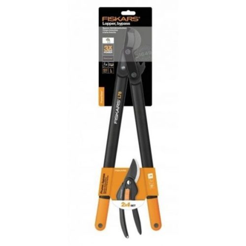 FISKARS POWERGEAR MŰANYAG FOGASKEREKES ÁGVÁGÓ, HORGOS PENGÉVEL (L) L78 + SINGLESTEP METSZŐOLLÓ P26